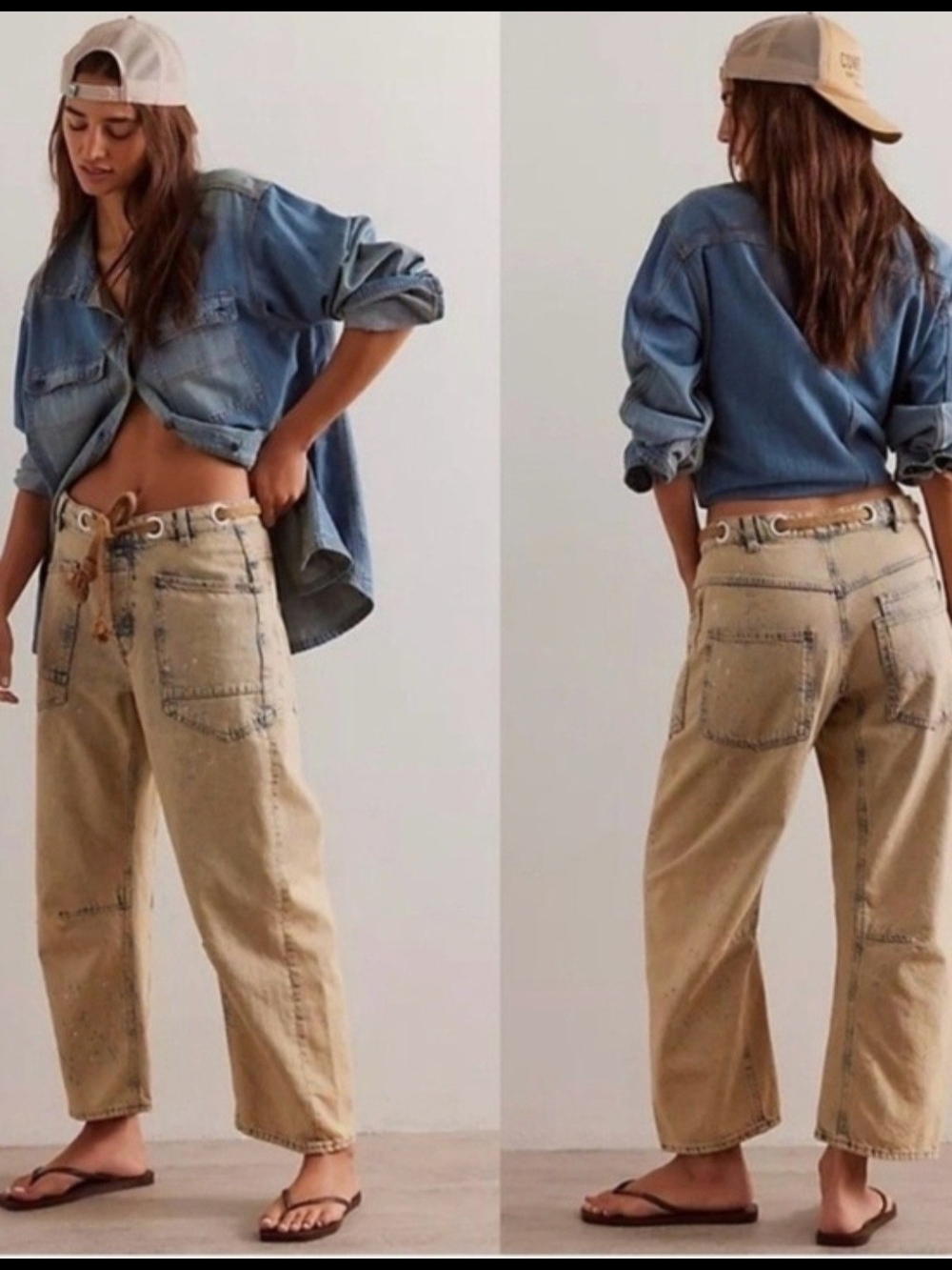 We The Free Beige Boyfriend Jeans with Faded Blue Stitching